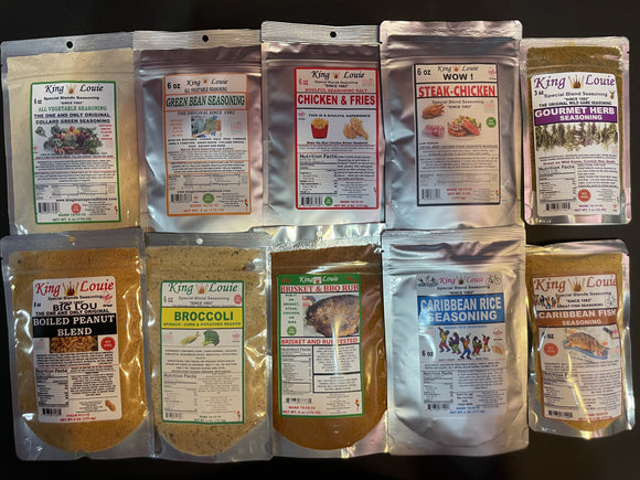 MANY OF A KIND KING LOUIE 10-6OZ. BIG BUNDLE - CORN. RICE, WOW, GREEN BEANS, COLLARDS, PEANUTS, BBQ, SOULFUL AND A BONUS ITEMS FOR ALL FOODS 10- 6oz   SEE DETAILS ON BUNDLE WOW IS GOOD ON ADD TO GRAVIES- DISCOUNTED SHIPPING $95.00